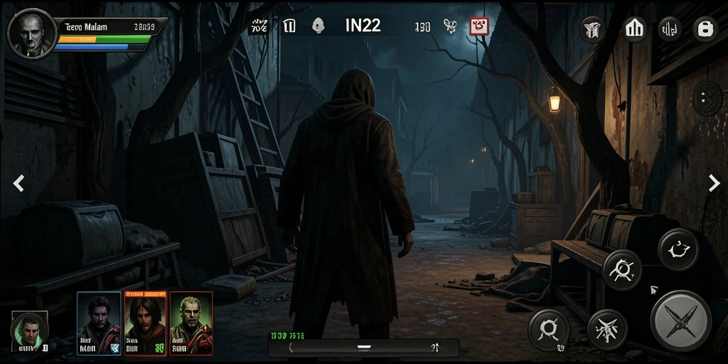 Screenshot gameplay IN22 menampilkan karakter yang berjuang melawan kegelapan.