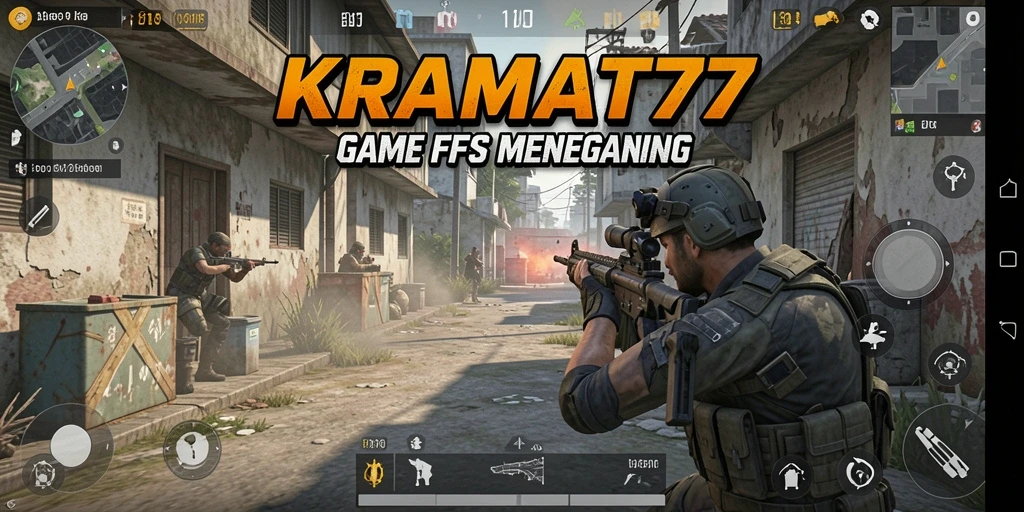 Screenshot KRAMAT77 menampilkan aksi tembak-menembak yang intens di medan perang.