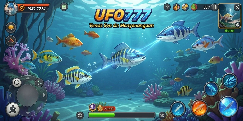 Screenshot utama UFO777 menampilkan aksi seru menembak ikan dengan efek visual menarik.